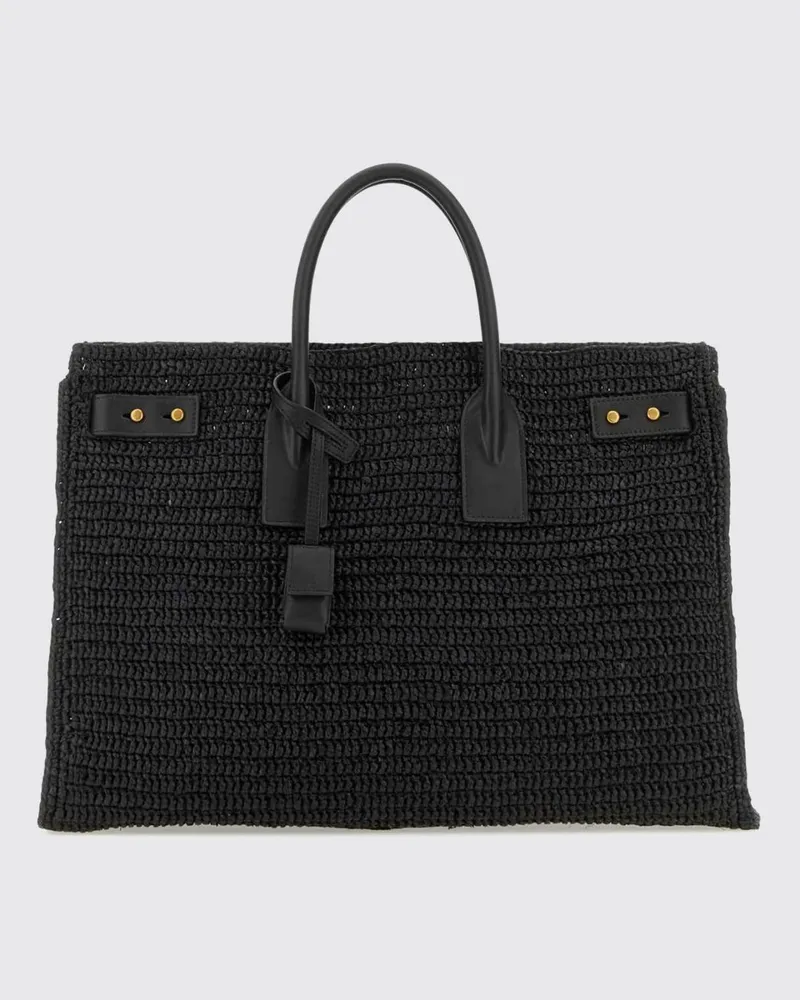 Saint Laurent Sac De Jour Handtasche aus gehäkeltem Bast und Kalbsleder Schwarz
