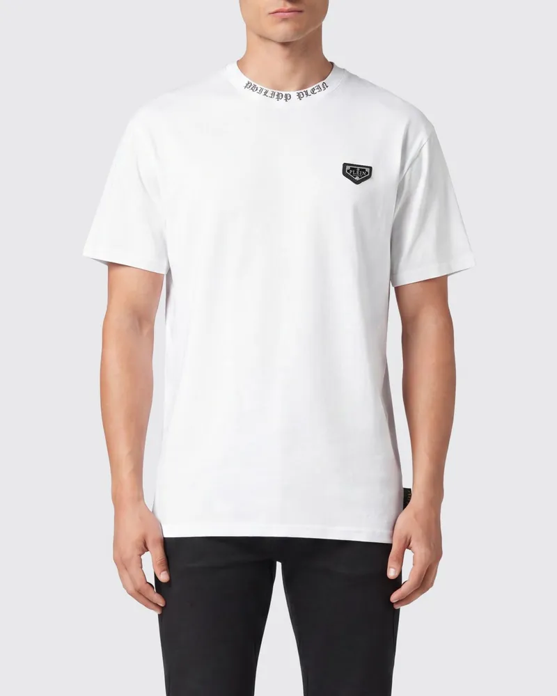 Philipp Plein Baumwoll-T-Shirt mit metallischer Logoplakette auf der Brust Weiß