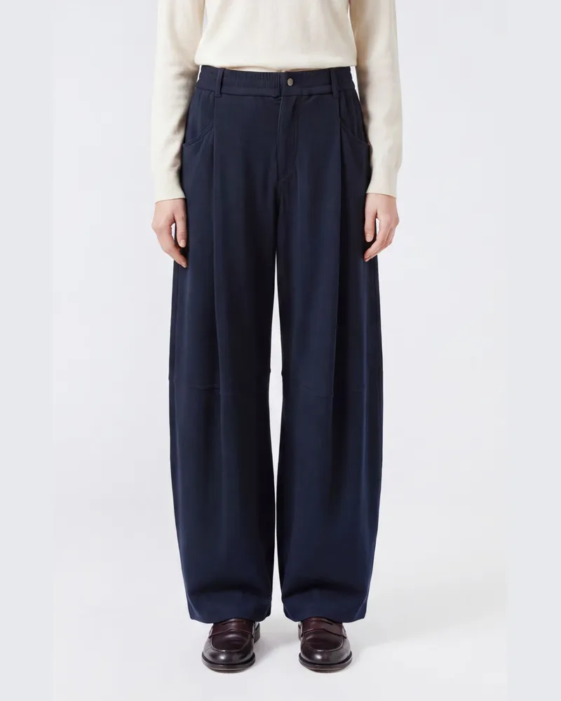Brunello Cucinelli Wide Leg Hose aus Seide und Baumwolle mit hoher Taille und Bundfalten Blau