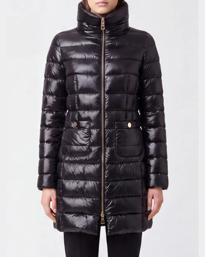 Herno Lange, wasserabweisende -Daunenjacke aus Nylon mit hohem Kragen und schmaler Passform Schwarz