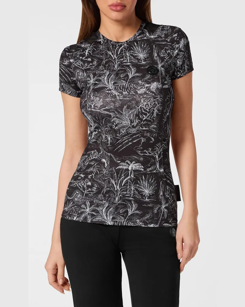 Philipp Plein Transparentes Jersey-T-Shirt mit Blumen- und Tropen-Print Schwarz