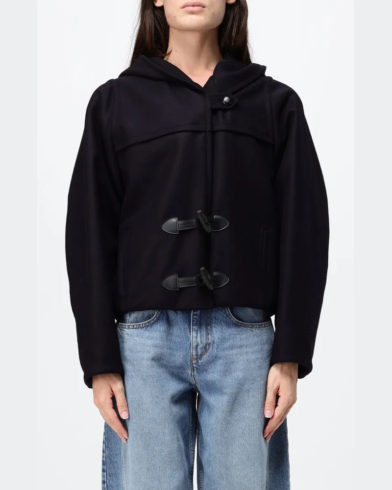 Isabel Marant Kurzer Dufflecoat aus Baumwolle mit Kapuze und Ledereinsätzen Blau