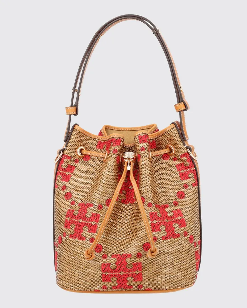 Tory Burch T Monogram Mini-Beuteltasche aus Bast mit Jacquard-Logo Beige
