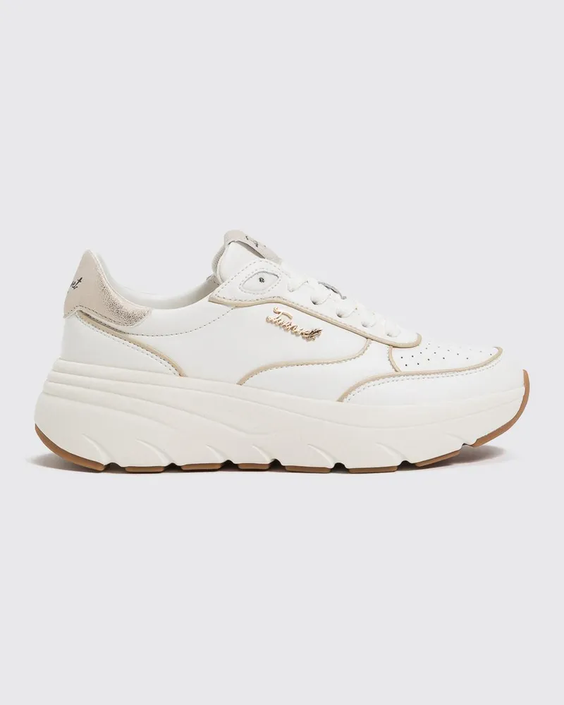 Twin-Set Zweifarbige Sneaker aus Glattleder mit Metallic-Logo und perforierter Spitze Weiß