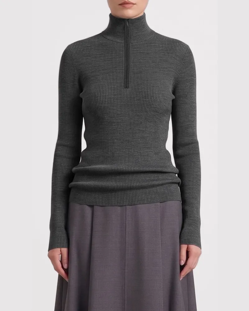 Brunello Cucinelli Schmal geschnittener, gerippter Rollkragenpullover aus Wolle und Kaschmir mit Monili Grau