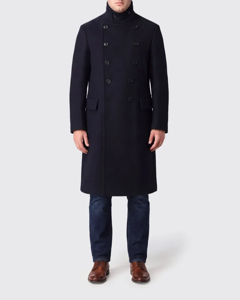 Tom Ford Langer zweireihiger Mantel aus reiner Wolle mit Stehkragen Navy
