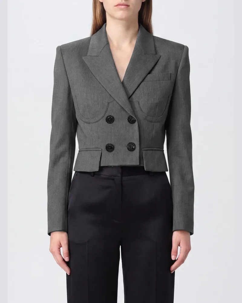 Elisabetta Franchi Cropped Zweireiher-Blazer aus Schurwolle mit steigendem Revers Grau