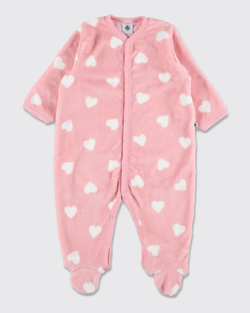 Petit Bateau Mädchen-Schlafanzug aus Fleece mit Herz-Druck und Füßen Pink