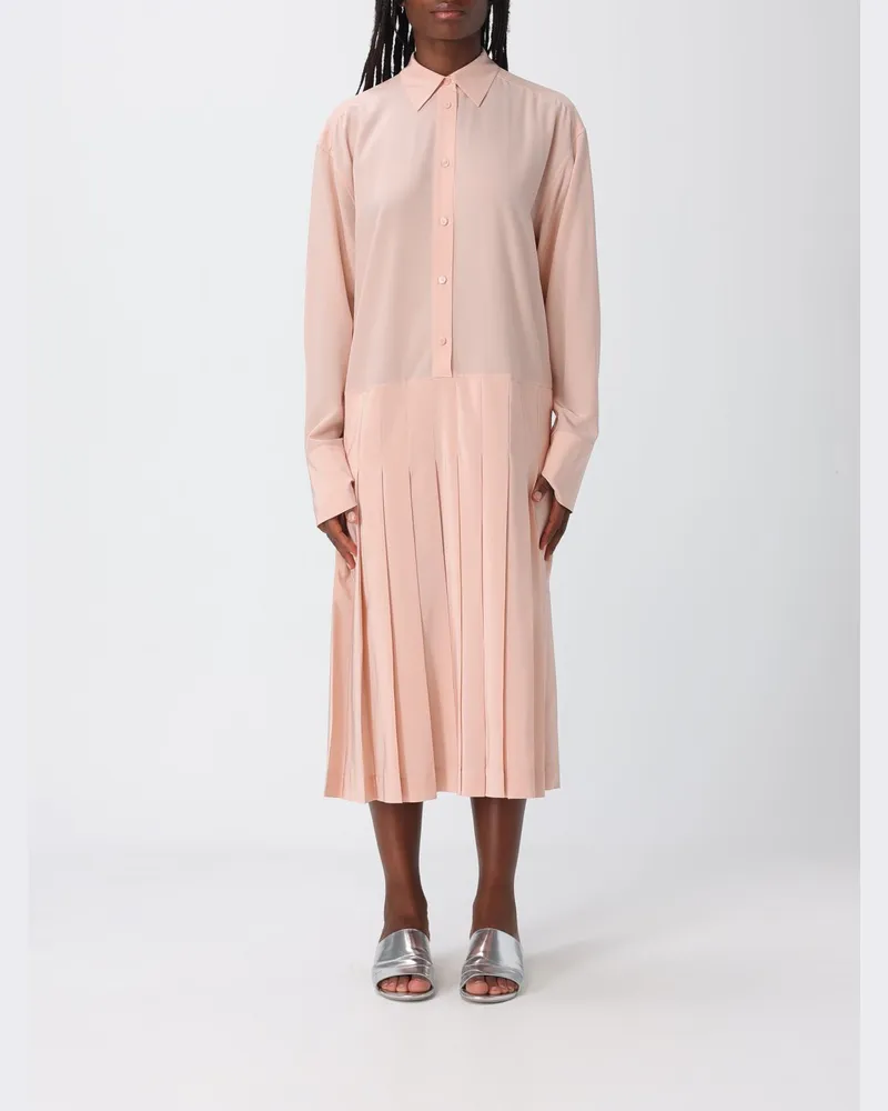 Totême Plissiertes Seiden-Midikleid im Hemdblusenstil mit klassischem Kragen Pink