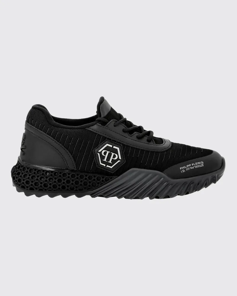 Philipp Plein Niedrige Hexagon Runner Sneakers aus Leder und Strick mit Monogramm Schwarz