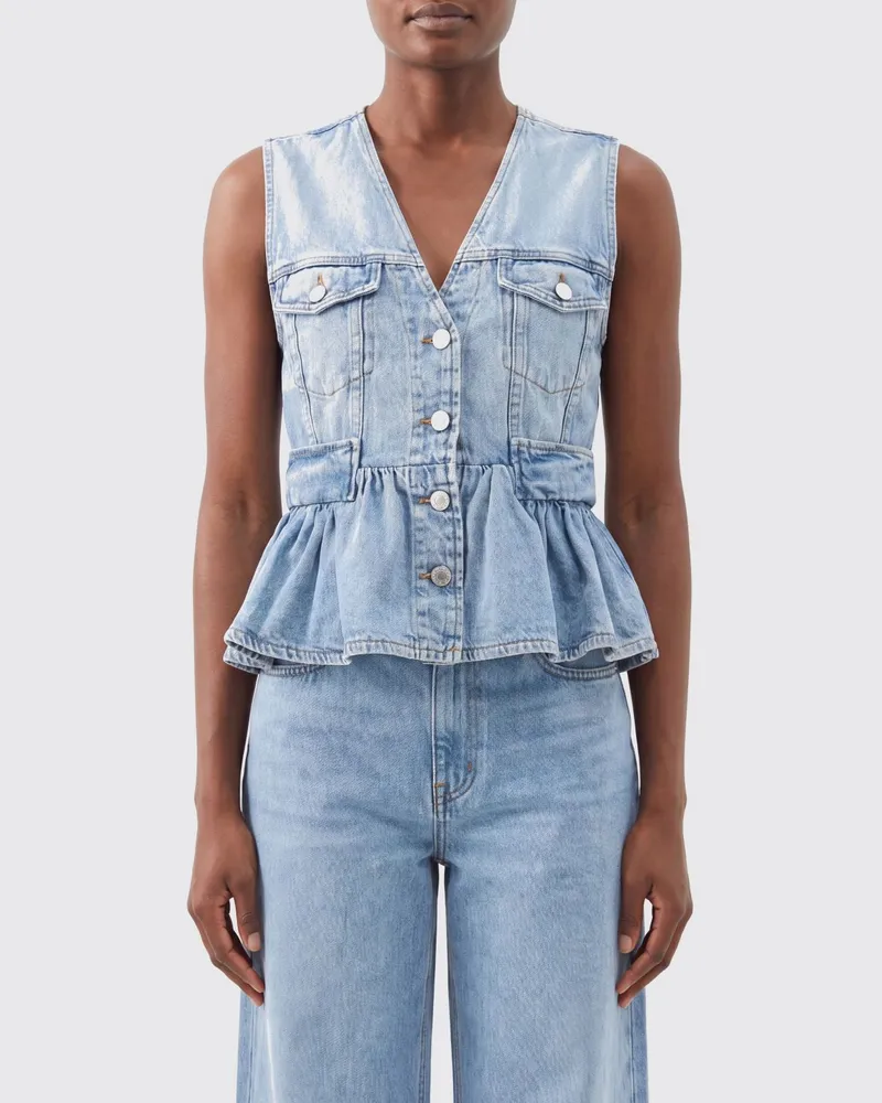 Ganni Figurbetontes Denim-Top aus Baumwolle mit V-Ausschnitt und Volants Hellblau