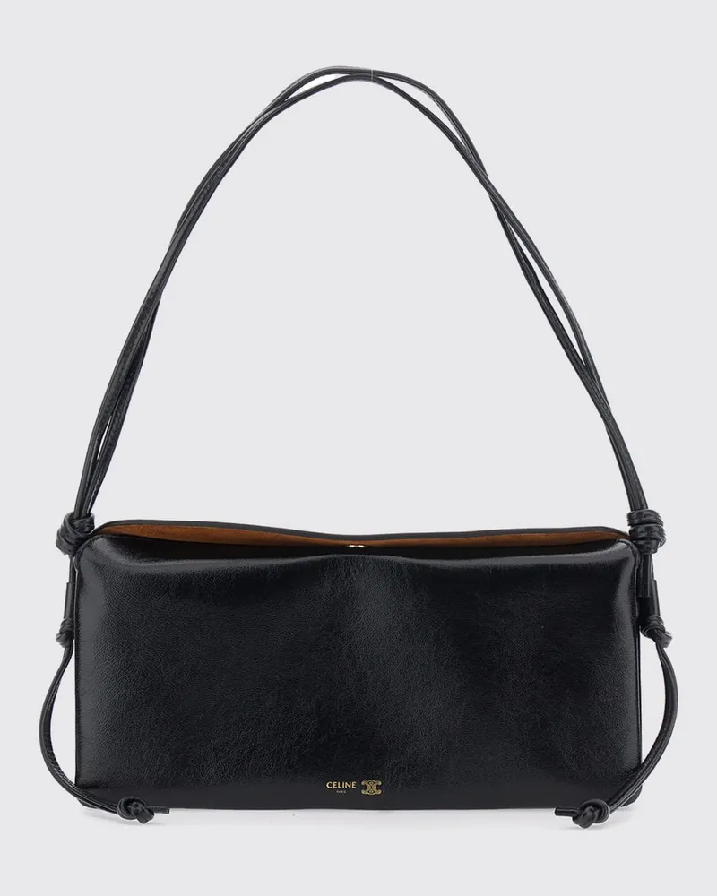 Celine Trio Schultertasche aus glattem Lammleder mit Druckknopfverschluss und laminiertem Logo Schwarz
