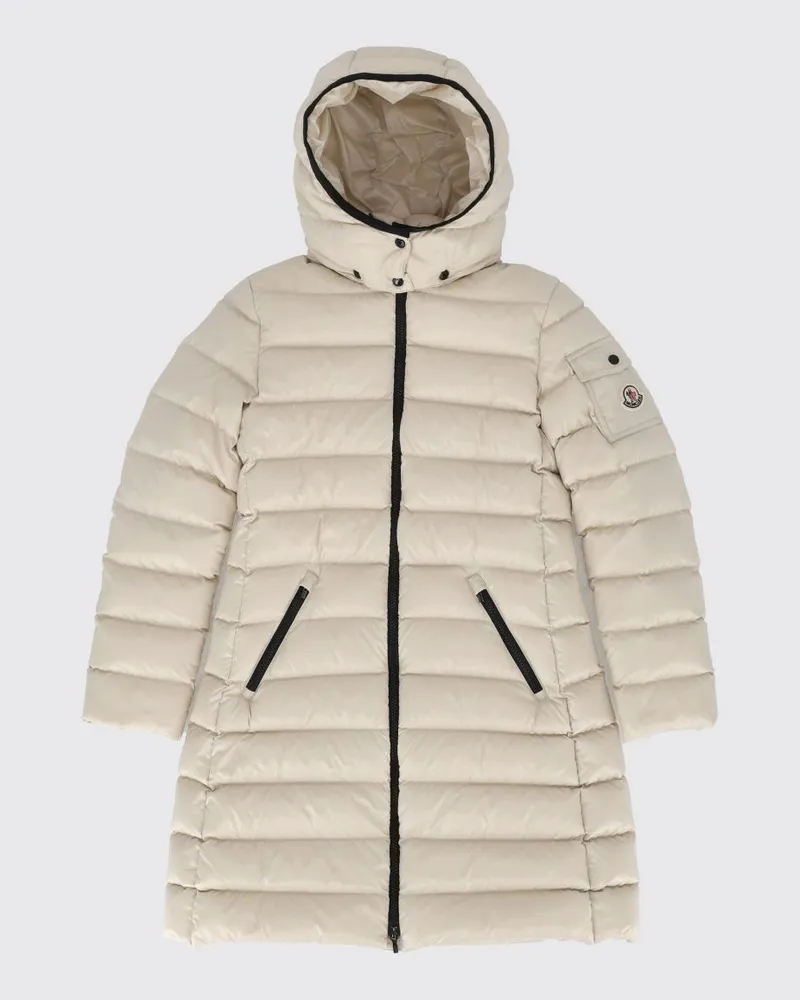 Moncler Lange Nylon-Daunenjacke Moka für Mädchen mit Kapuze Beige