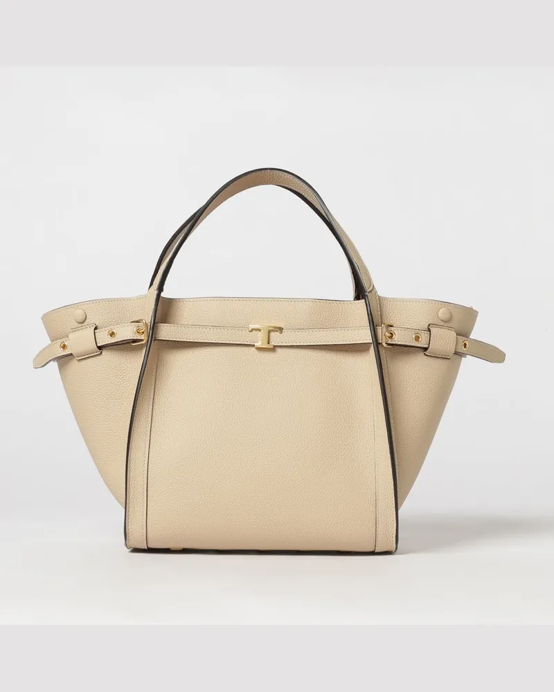 TOD'S T Signature Handtasche aus genarbtem Leder mit T-Timeless-Logo Beige
