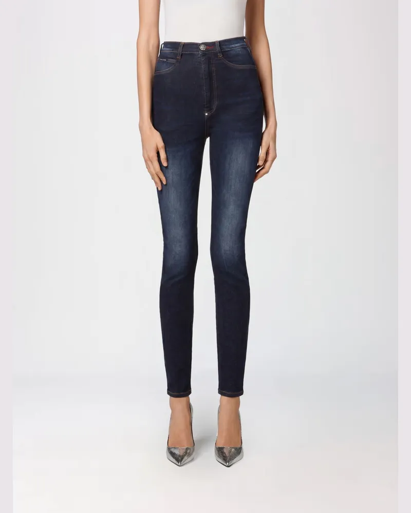 Philipp Plein High-Waist Cropped Skinny-Jeans aus Stretch mit Used-Effekt Blau