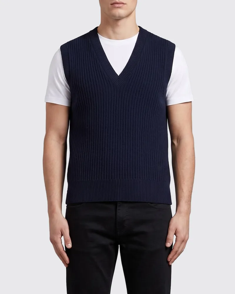 Emporio Armani Slim Fit Strickweste aus Wolle und Kaschmir mit V-Ausschnitt Blau