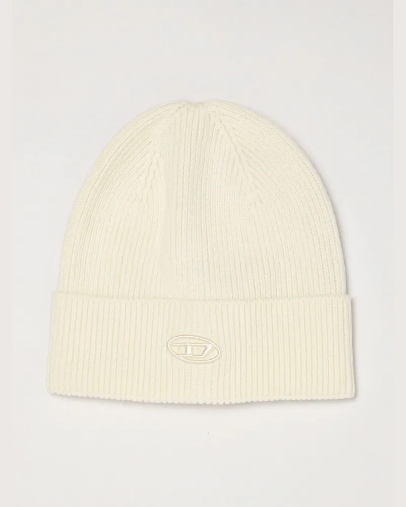 Diesel Gerippte Beanie-Mütze aus Woll-Baumwoll-Mischung mit gesticktem Oval D-Logo Weiß