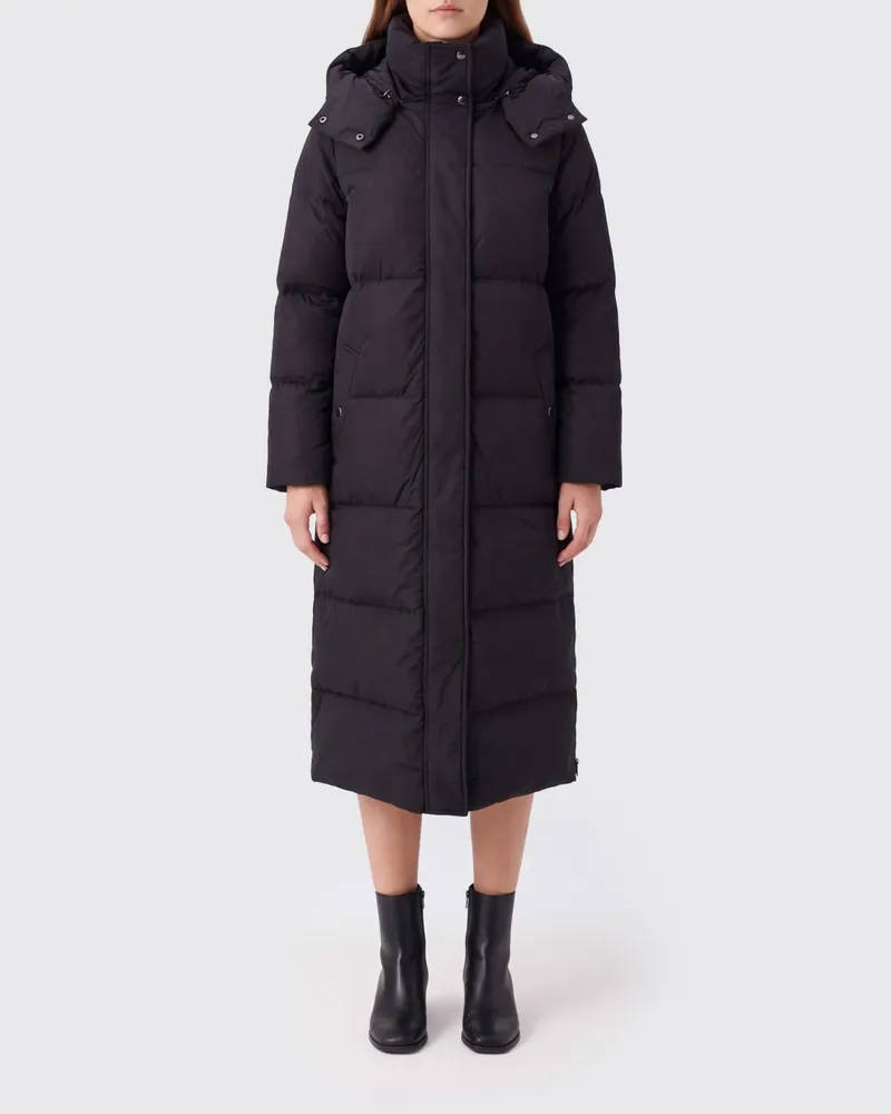 Woolrich Lange gesteppte Nylon-Daunenjacke mit abnehmbarer Kapuze Schwarz
