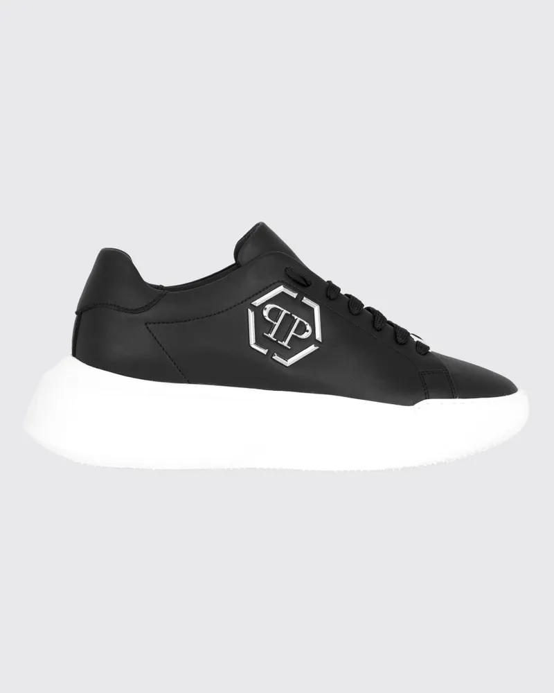 Philipp Plein Low-Top-Sneakers aus Leder mit Hexagon-Logo und Plateausohle Schwarz