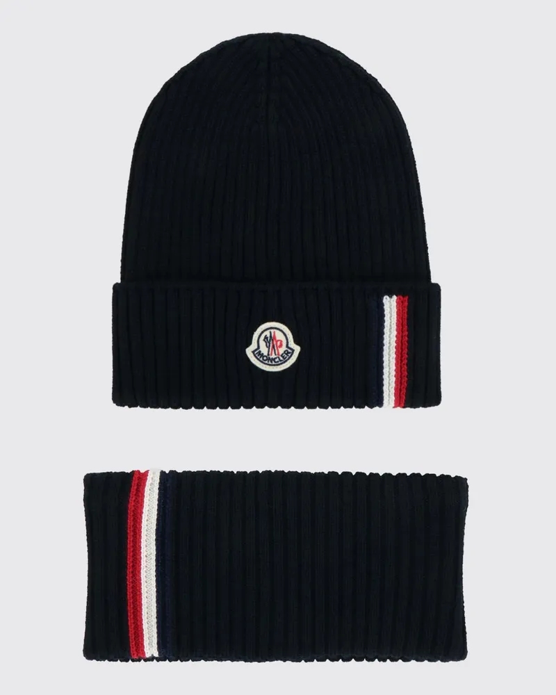 Moncler Set aus zwei gerippten Wollmisch-Beanies für Jungen mit Logo Navy
