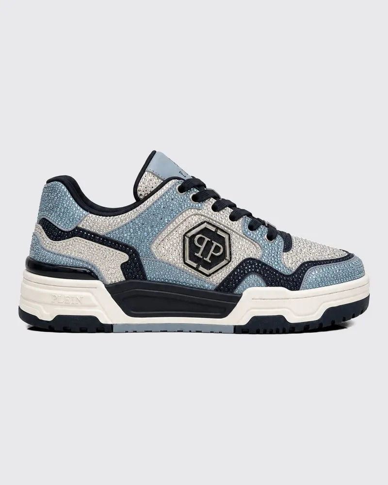 Philipp Plein Predator V2 Leder-Sneaker mit Kristallen und Hexagon-Logo Blau