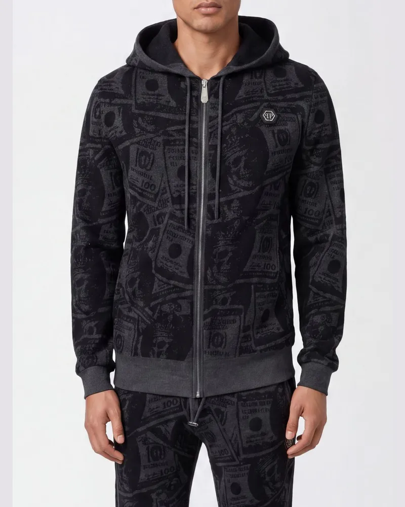 Philipp Plein Wollstrick-Hoodie mit Reißverschluss und Hexagon-Logo Schwarz