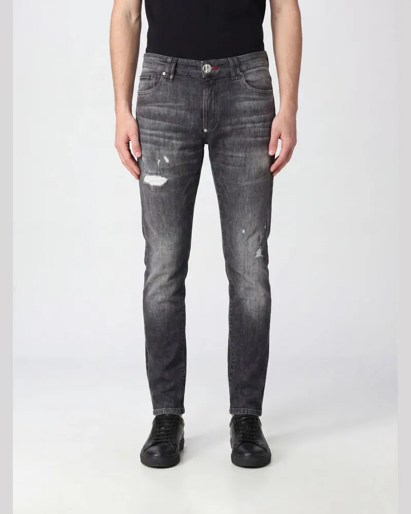 Philipp Plein Slim-Fit-Jeans aus Distressed-Baumwolldenim mit mittlerer Leibhöhe Grau
