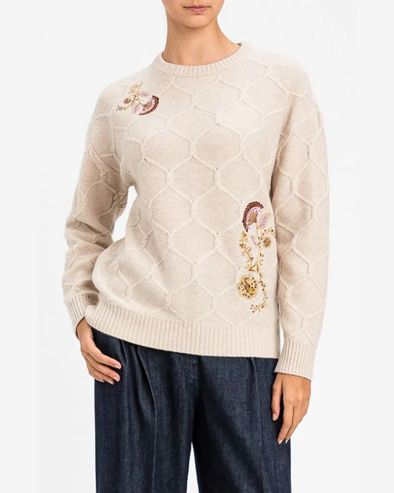 Twin-Set Wollpullover mit Rundhalsausschnitt, floraler Stickerei und überschnittenen Schultern Beige