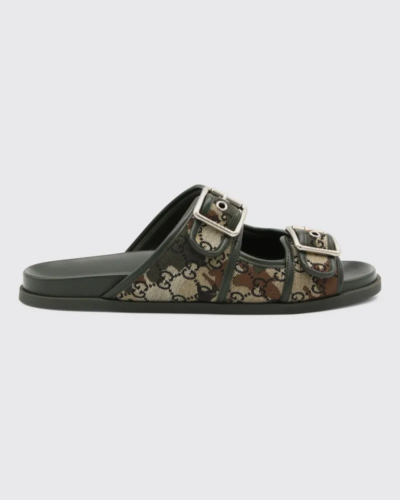 Gucci Sandalen aus Leder und Baumwolle mit Jacquard-GG-Monogramm und Camouflage-Muster Braun