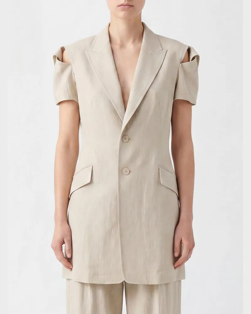 Yohji Yamamoto Einreihiger Blazer aus Leinen-Baumwoll-Mischung mit Cut-Out-Details und Revers Ivory