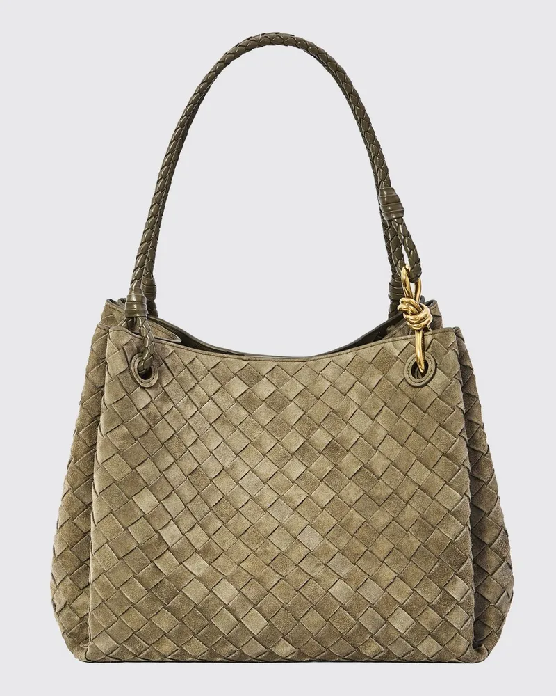 Bottega Veneta Parachute Schultertasche aus Veloursleder mit Intrecciato-Griff Waldgrün