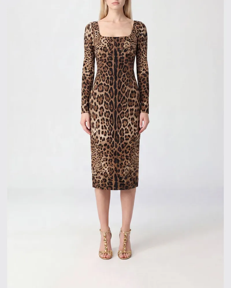 Dolce & Gabbana DOLCE  GABBANA Dolce & Gabbana Etuikleid aus Viskose mit Animal-Print und eckigem Ausschnitt Braun