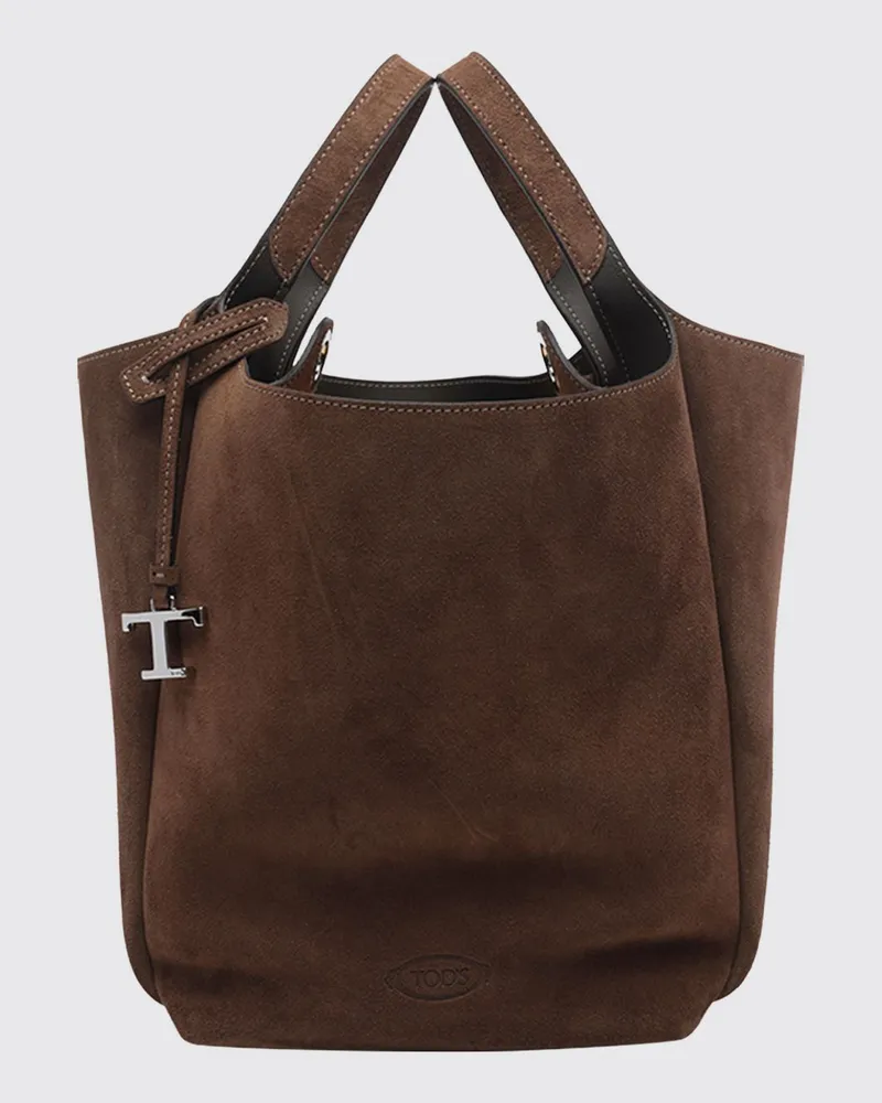 TOD'S Beuteltasche von aus Velours-Kalbsleder mit doppeltem Henkel und Charm Braun