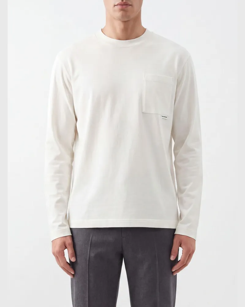 Jil Sander Langärmeliges Baumwoll-T-Shirt von mit aufgesetzter Tasche Weiß