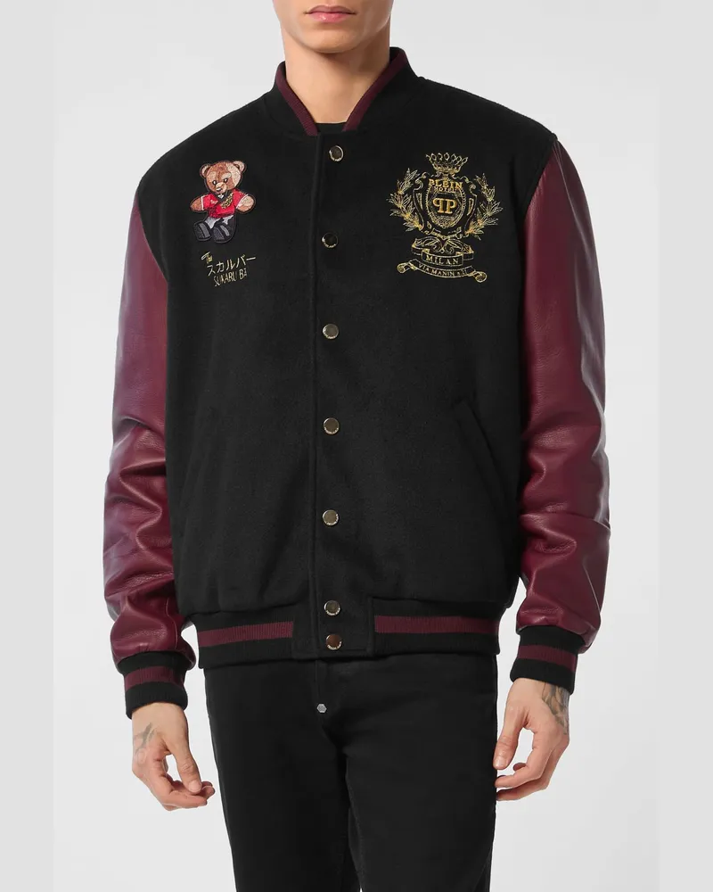 Philipp Plein Varsity-Bomberjacke aus Wolle und Leder mit langen Ärmeln und gesticktem Logo Schwarz
