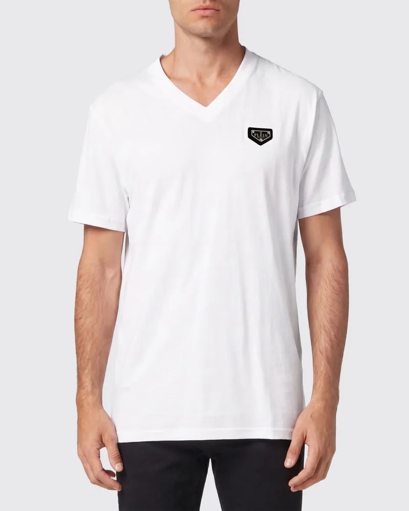 Philipp Plein Kurzärmeliges Baumwoll-T-Shirt mit V-Ausschnitt und Kontrastlogo Weiß