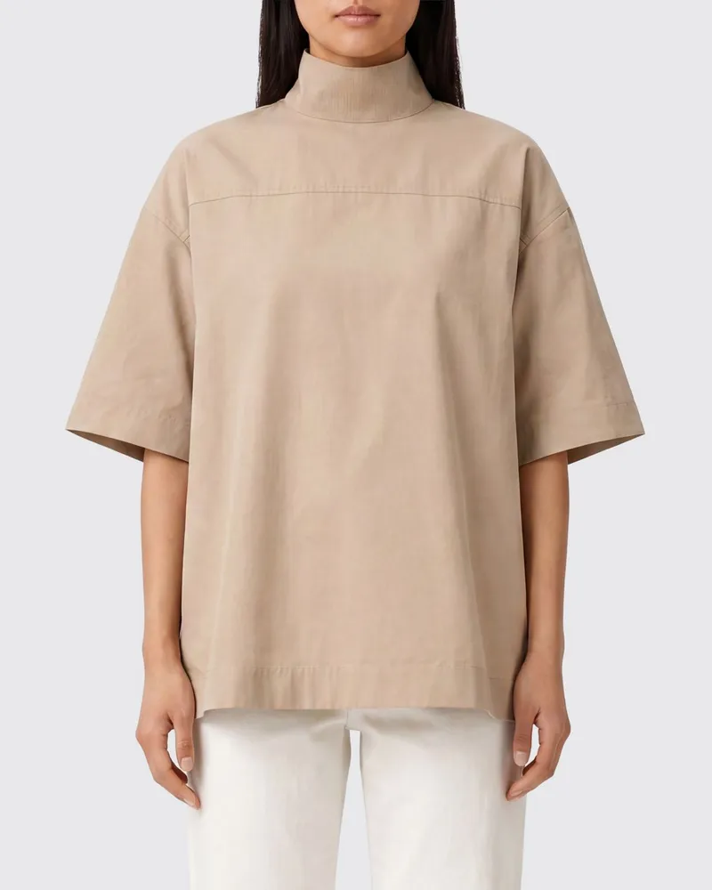 AMI Paris Kurzärmeliger Baumwoll-Rollkragenpullover von mit überschnittenen Schultern Beige