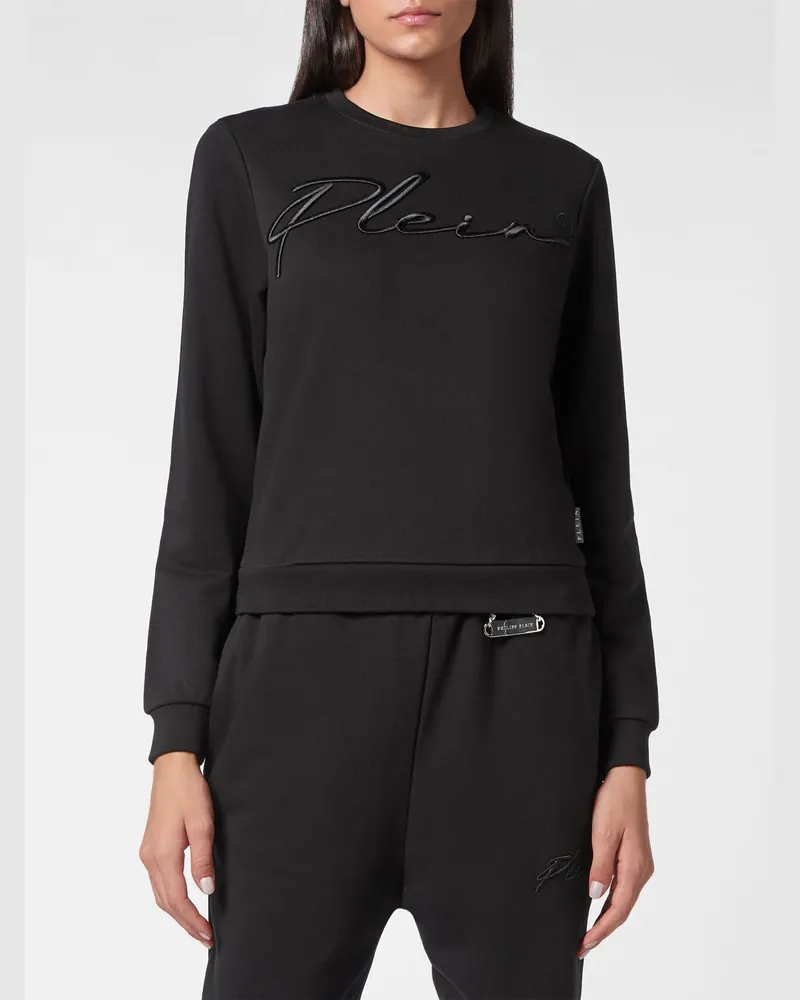 Philipp Plein Jersey-Sweatshirt mit Rundhalsausschnitt und Ton-in-Ton-Logostickerei Schwarz