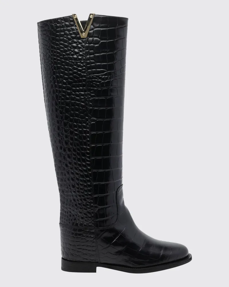 Via Roma 15 Kniehohe Stiefel aus Leder mit Krokoprägung und Keilabsatz Schwarz