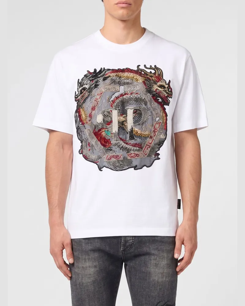 Philipp Plein PP besticktes T-Shirt mit Perlen Weiß