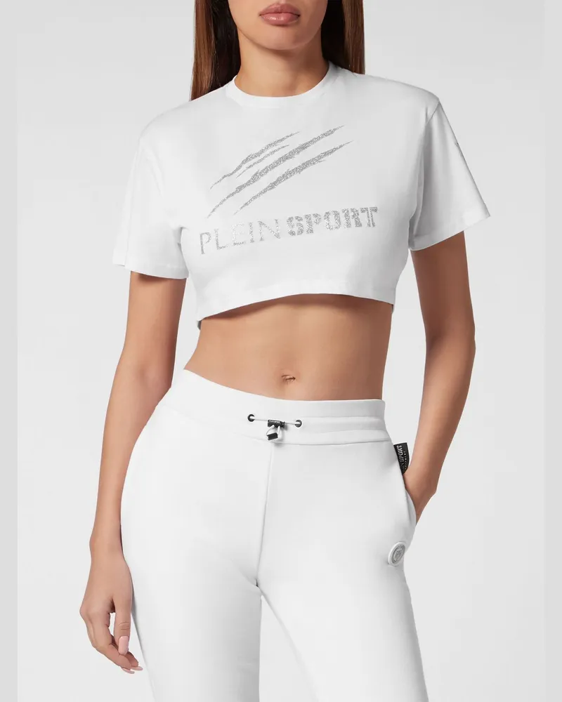 Philipp Plein Gekürztes Baumwoll-T-Shirt mit kontrastierendem Glitzer-Logo Weiß