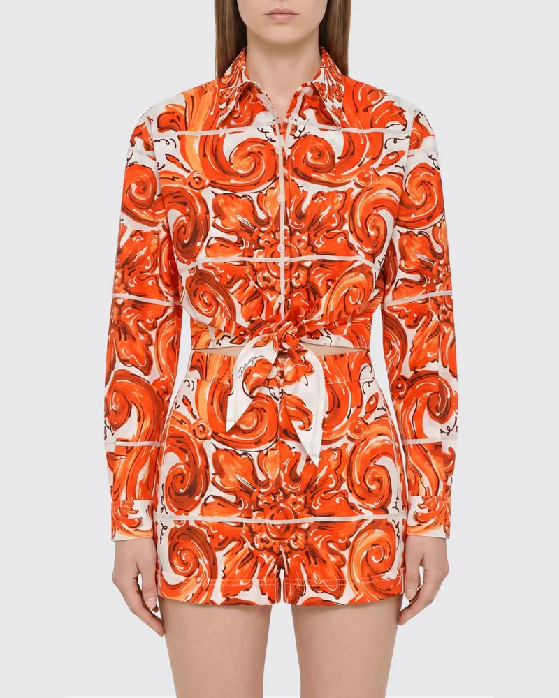 Dolce & Gabbana DOLCE  GABBANA Gekürztes Baumwollhemd Dolce & Gabbana mit Majolika-Print und vorderem Knoten Bunt