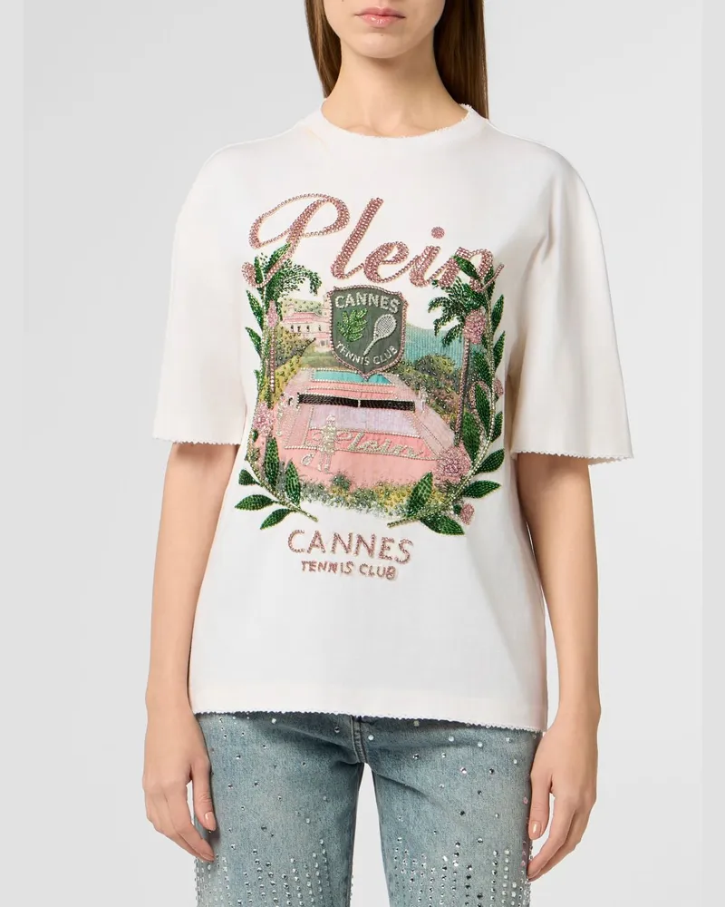 Philipp Plein Relaxed Fit T-Shirt aus Baumwolle mit Strass und Fransen-Saum Weiß