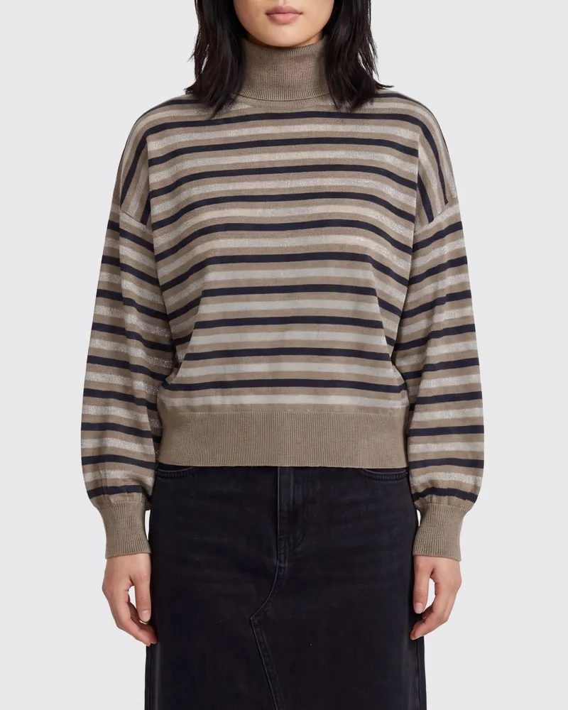 Brunello Cucinelli Locker geschnittener, gestreifter Pullover von mit Stehkragen aus Wolle und Kaschmir Bunt
