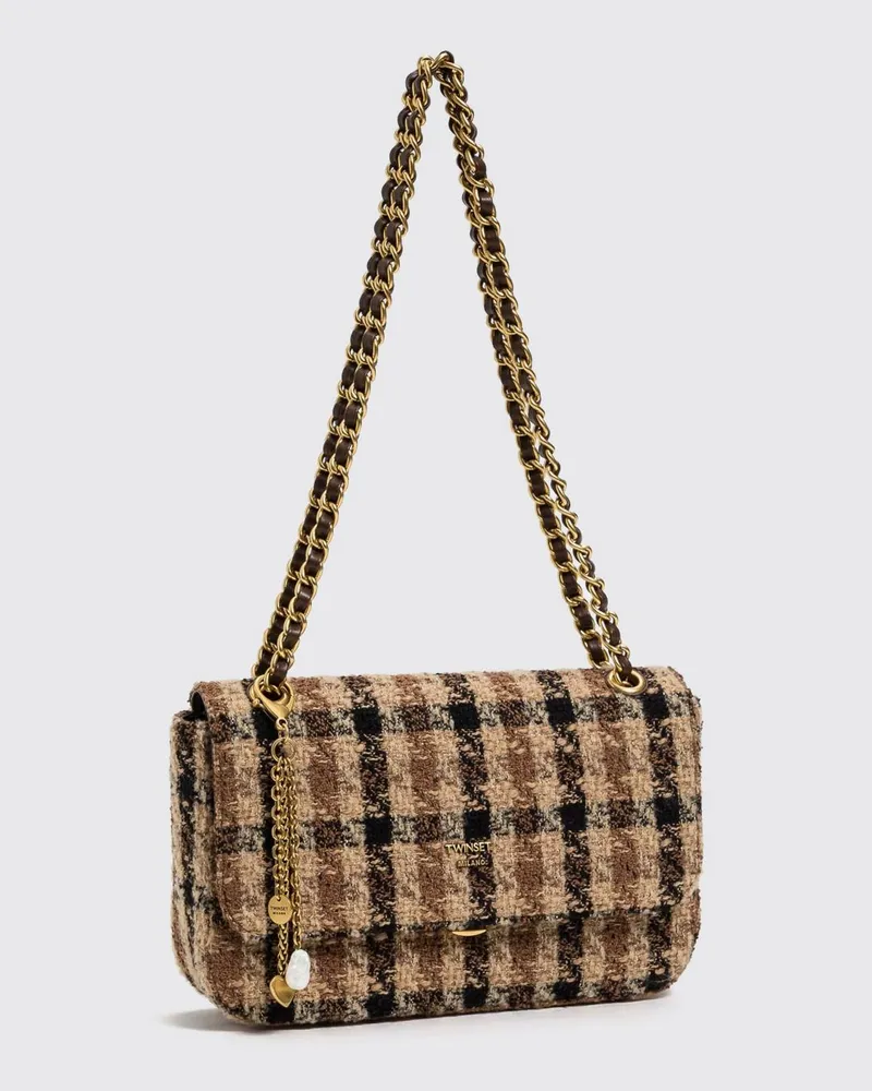 Twin-Set Schultertasche von aus kariertem Stoff mit geflochtenem Kettengriff Braun