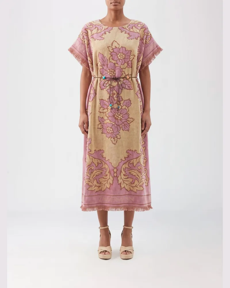 Zimmermann Midi-Tunika aus Baumwolle mit Blumendruck und Taillen-Bindegürtel Pink