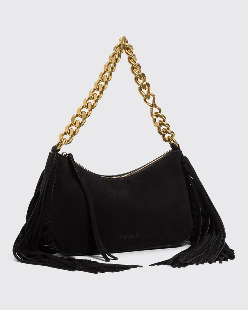 Twin-Set Liliane Schultertasche aus Wildleder mit Fransen und Stickerei Schwarz
