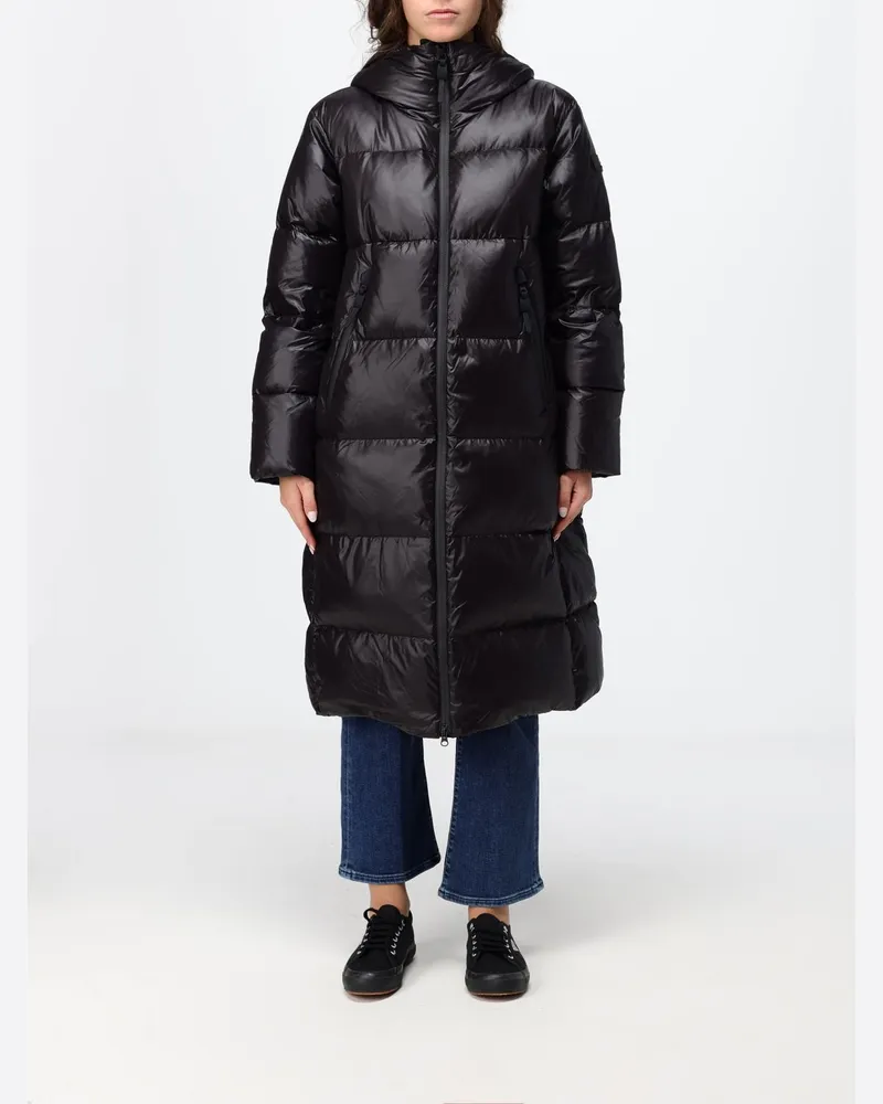 Peuterey Lange gesteppte Nylon-Daunenjacke mit Kapuze und Federfüllung Schwarz