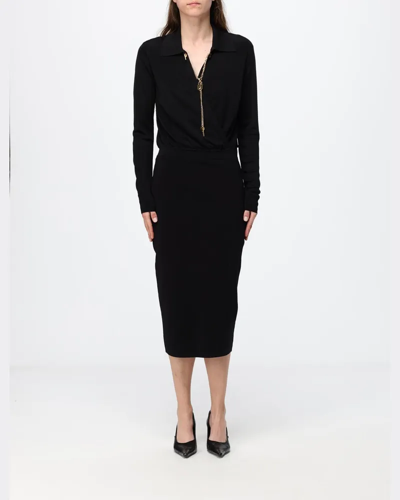 Elisabetta Franchi Midi-Etuikleid von aus Jersey mit V-Ausschnitt und langen Ärmeln Schwarz