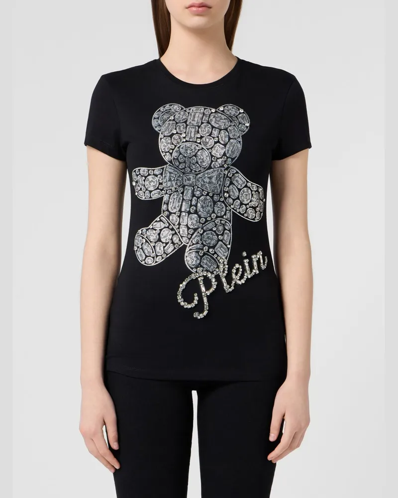 Philipp Plein Slim-Fit-T-Shirt aus Baumwolle mit Strass-Teddybär-Logo Schwarz